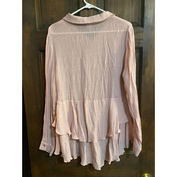 Keren Hart Blouse Pink XL Button Front Gauzy Ruffles Rayon Poly Blend - Picture 6 of 7